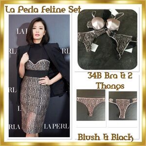 La Perla Feline Satin & Embroidered Tulle Set 2Panties Thong 34B Bra Blush Black